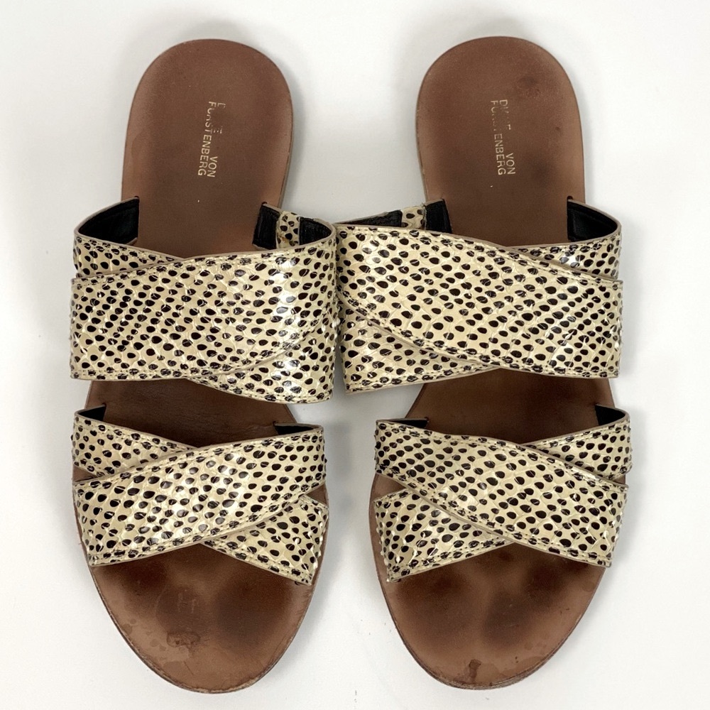Diane Von Furstenburg Polka Dot Cross Strap Slides Black Cream Size 8.5